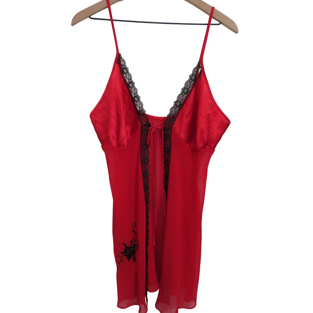 Secret Treasures Sz L Red Sheer Floral Embroidered Chemise Slip Y2K Romantic